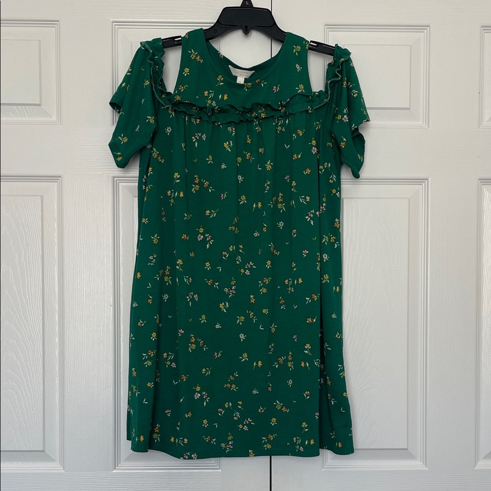 LC Lauren Conrad Emerald Green Floral Cold-Shoulder Dress